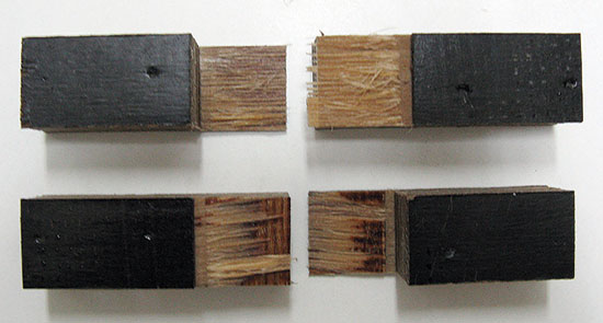Slika 6: Izgled loma furnirske ploče po sloju drveta (gore) pri manjoj sili loma nego pri kombinovanom lomu (dole) (foto: Zdravković)